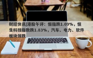 财经快讯|港股午评：恒指跌1.09%，恒生科技指数跌1.83%，汽车、电力、软件板块领跌